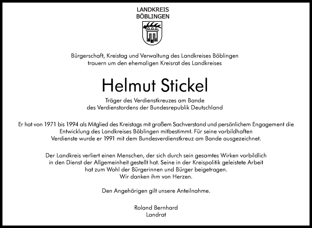  Traueranzeige für Helmut Stickel vom 23.05.2024 aus Kreiszeitung Böblinger Bote