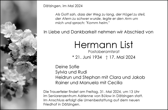 Traueranzeige von Hermann List von Kreiszeitung Böblinger Bote