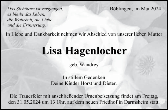 Traueranzeige von Lisa Hagenlocher von Kreiszeitung Böblinger Bote