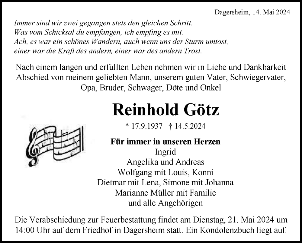  Traueranzeige für Reinhold Götz vom 17.05.2024 aus Kreiszeitung Böblinger Bote