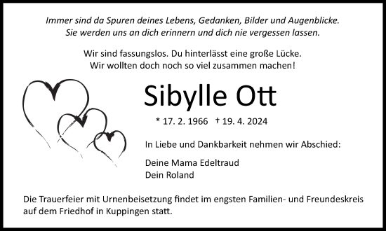 Traueranzeige von Sibylle Ott von Kreiszeitung Böblinger Bote
