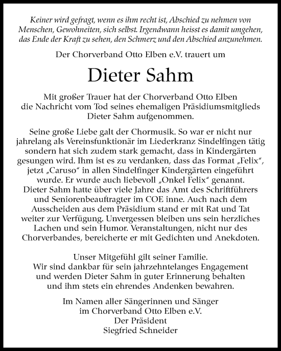 Traueranzeige von Dieter Sahm von Kreiszeitung Böblinger Bote