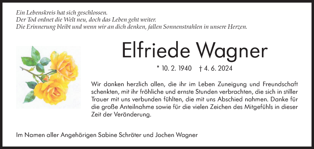  Traueranzeige für Elfriede Wagner vom 28.06.2024 aus Kreiszeitung Böblinger Bote