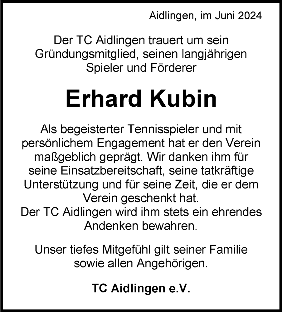  Traueranzeige für Erhard Kubin vom 08.06.2024 aus Kreiszeitung Böblinger Bote
