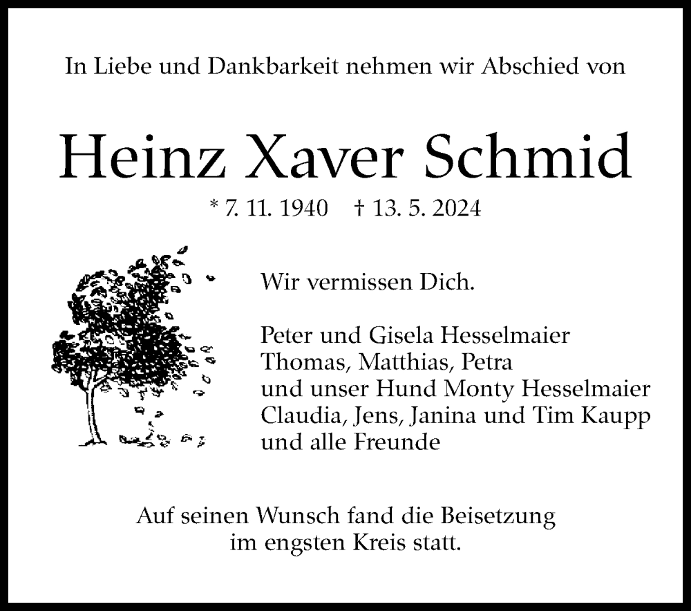  Traueranzeige für Heinz Xaver Schmid vom 31.05.2024 aus Kreiszeitung Böblinger Bote