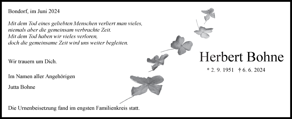  Traueranzeige für Herbert Bohne vom 20.06.2024 aus Kreiszeitung Böblinger Bote