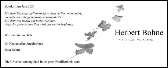 Traueranzeige von Herbert Bohne von Kreiszeitung Böblinger Bote