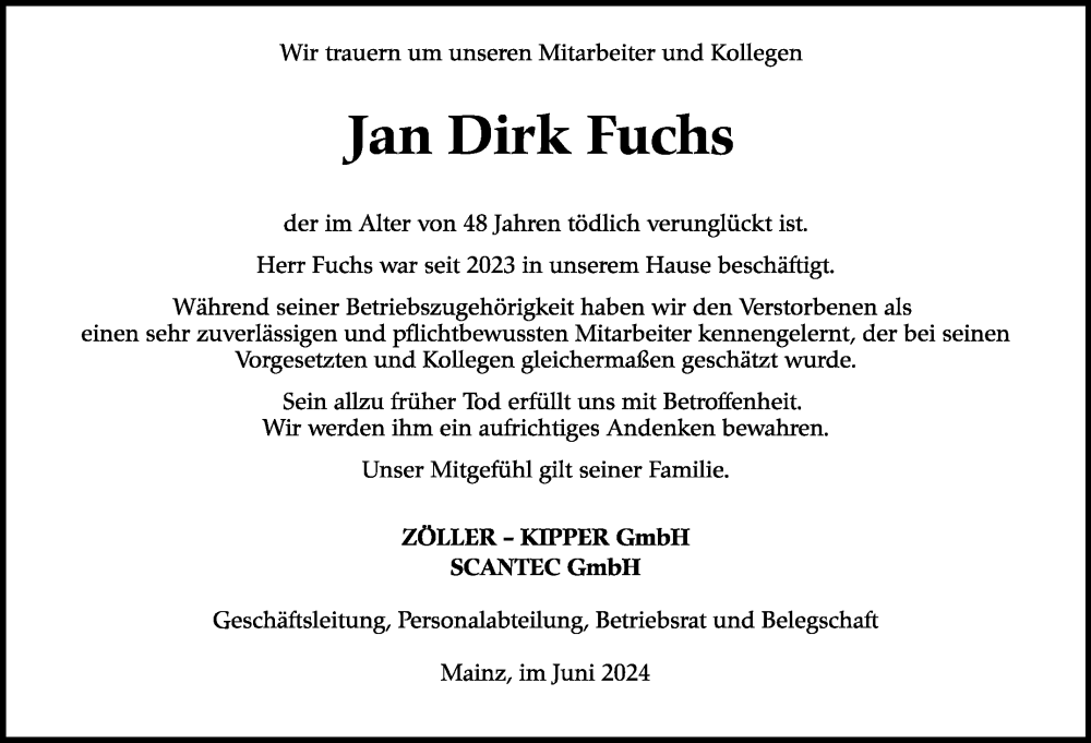  Traueranzeige für Jan Dirk Fuchs vom 22.06.2024 aus Kreiszeitung Böblinger Bote
