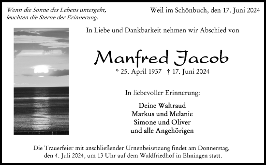 Traueranzeige von Manfred Jacob von Kreiszeitung Böblinger Bote