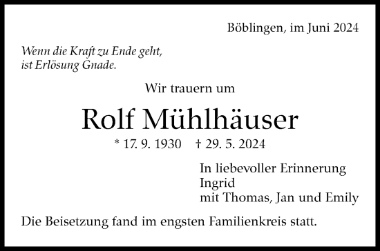 Traueranzeige von Rolf Mühlhäuser von Kreiszeitung Böblinger Bote