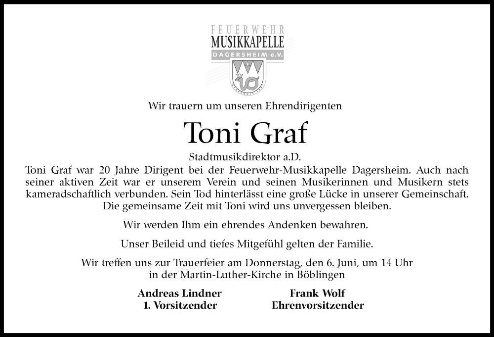  Traueranzeige für Toni Graf vom 03.06.2024 aus Kreiszeitung Böblinger Bote