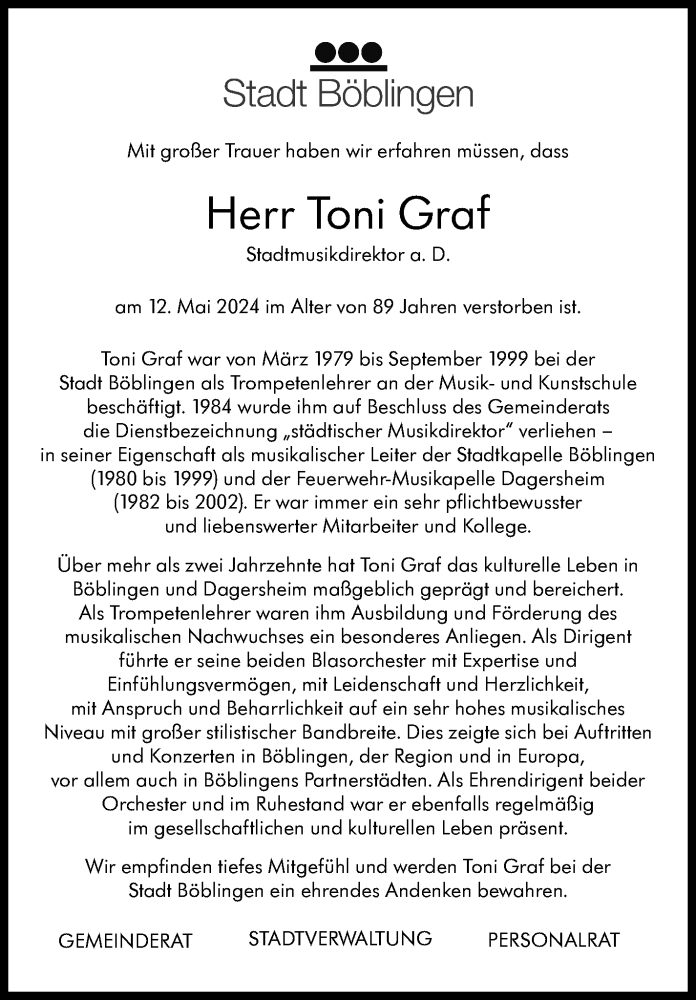  Traueranzeige für Toni Graf vom 03.06.2024 aus Kreiszeitung Böblinger Bote