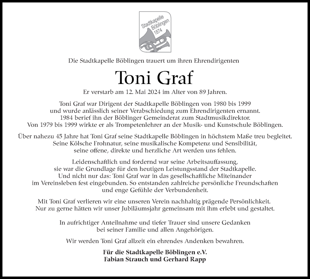  Traueranzeige für Toni Graf vom 03.06.2024 aus Kreiszeitung Böblinger Bote