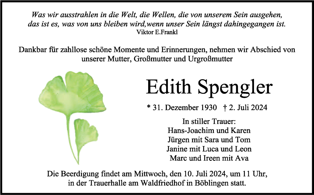  Traueranzeige für Edith Spengler vom 06.07.2024 aus Kreiszeitung Böblinger Bote