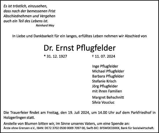 Traueranzeige von Ernst Pflugfelder von Kreiszeitung Böblinger Bote