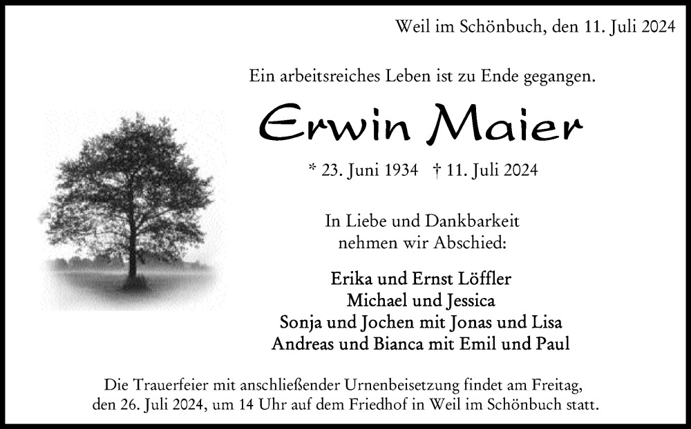 Traueranzeige für Erwin Maier vom 20.07.2024 aus Kreiszeitung Böblinger Bote