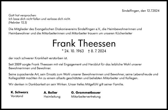 Traueranzeige von Frank Theessen von Kreiszeitung Böblinger Bote