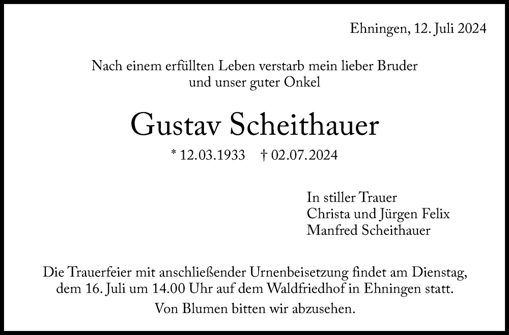  Traueranzeige für Gustav Scheithauer vom 12.07.2024 aus Kreiszeitung Böblinger Bote