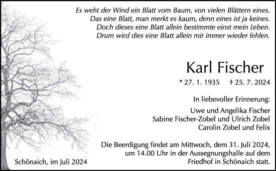Traueranzeige von Karl Fischer von Kreiszeitung Böblinger Bote