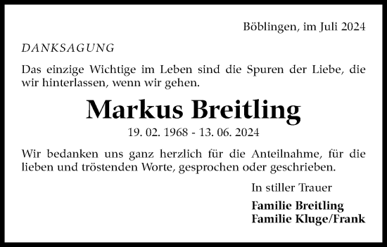 Traueranzeige von Markus Breitling von Kreiszeitung Böblinger Bote