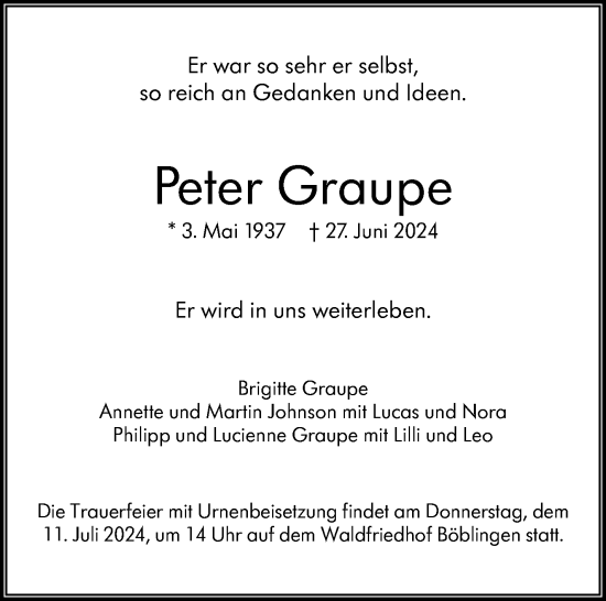 Traueranzeige von Peter Graupe von Kreiszeitung Böblinger Bote
