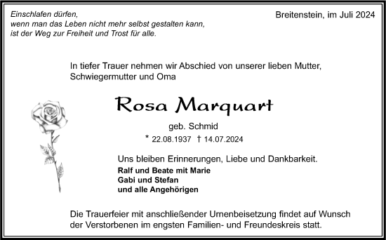 Traueranzeige von Rosa  Marquart von Kreiszeitung Böblinger Bote