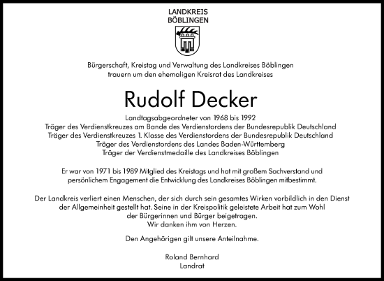 Traueranzeige von Rudolf Decker von Kreiszeitung Böblinger Bote