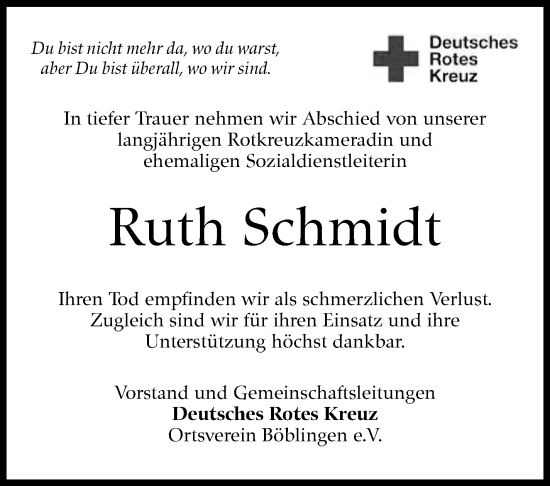 Traueranzeige von Ruth Schmidt von Kreiszeitung Böblinger Bote