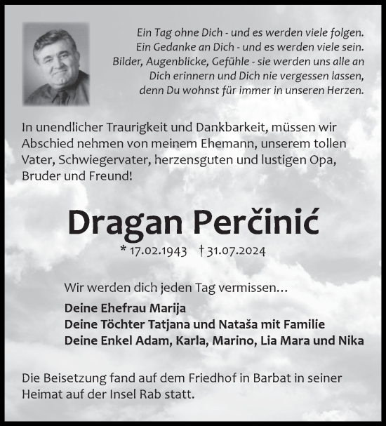Traueranzeige von Dragan Percinic von Kreiszeitung Böblinger Bote