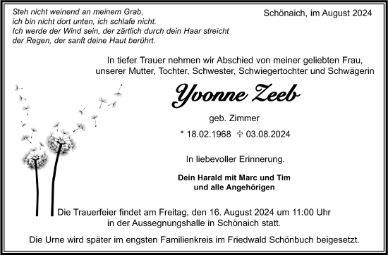 Traueranzeige von Yvonne Zeeb von Kreiszeitung Böblinger Bote