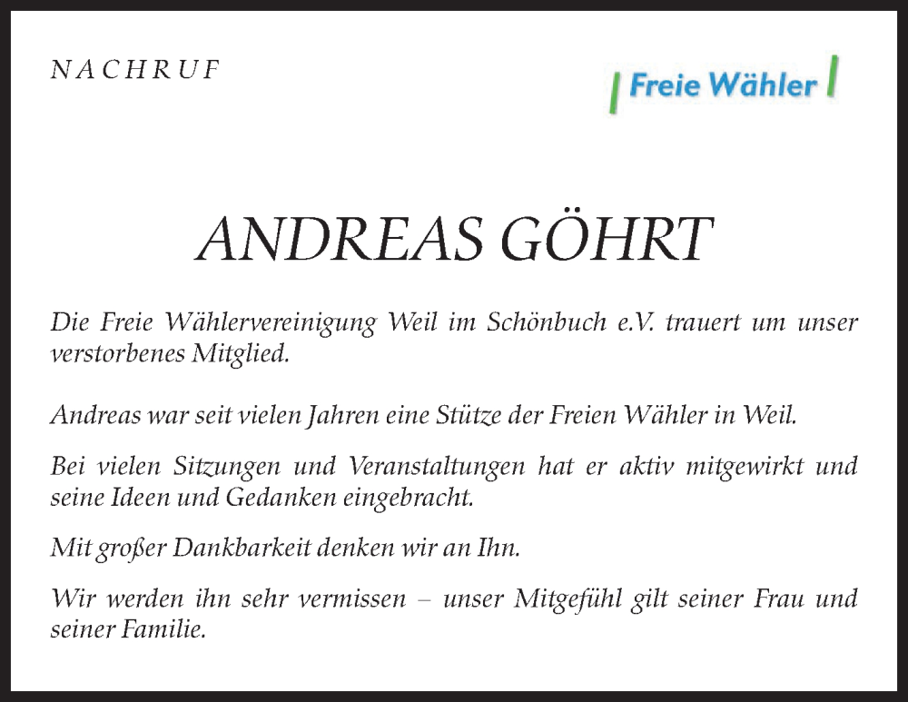  Traueranzeige für Andreas Göhrt vom 14.09.2024 aus Kreiszeitung Böblinger Bote