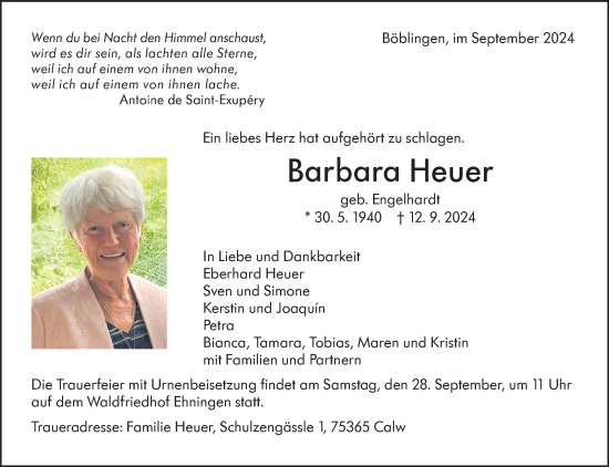 Traueranzeige von Barbara Heuer von Kreiszeitung Böblinger Bote