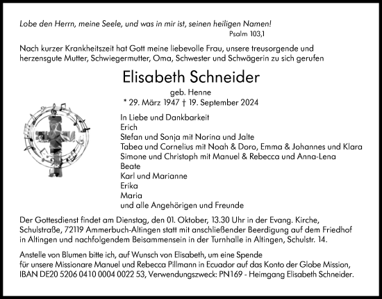 Traueranzeige von Elisabeth Schneider von Kreiszeitung Böblinger Bote