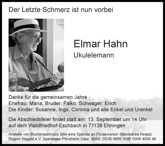 Traueranzeige von Elmar Hahn von Kreiszeitung Böblinger Bote