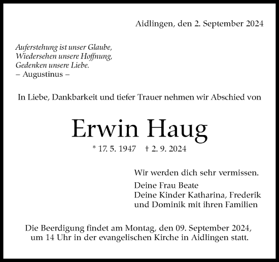 Traueranzeige von Erwin Haug von Kreiszeitung Böblinger Bote