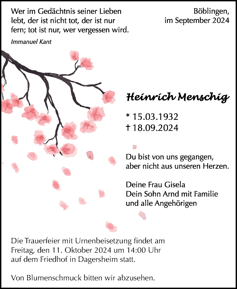  Traueranzeige für Heinrich Menschig vom 27.09.2024 aus Kreiszeitung Böblinger Bote