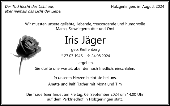 Traueranzeige von Iris Jäger von Kreiszeitung Böblinger Bote