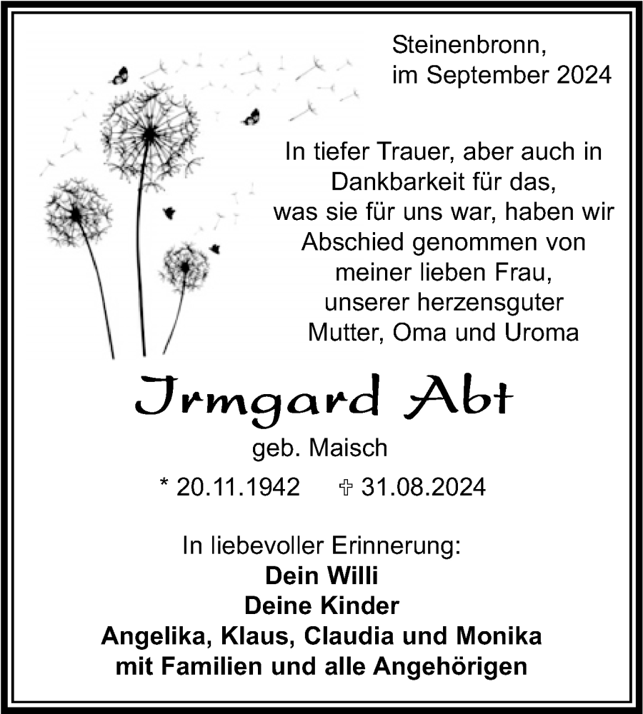  Traueranzeige für Irmgard Abt vom 19.09.2024 aus Kreiszeitung Böblinger Bote
