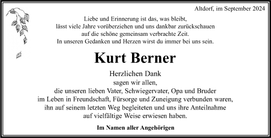 Traueranzeige von Kurt Berner von Kreiszeitung Böblinger Bote