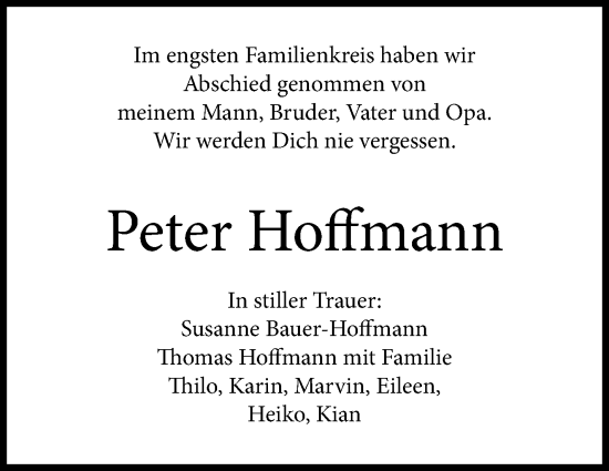 Traueranzeige von Peter Hoffmann von Kreiszeitung Böblinger Bote