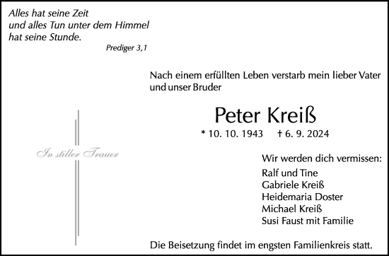 Traueranzeige von Peter Kreiß von Kreiszeitung Böblinger Bote