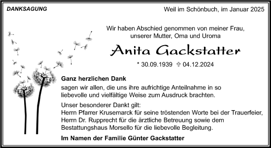 Traueranzeige von Anita Gackstatter von Kreiszeitung Böblinger Bote
