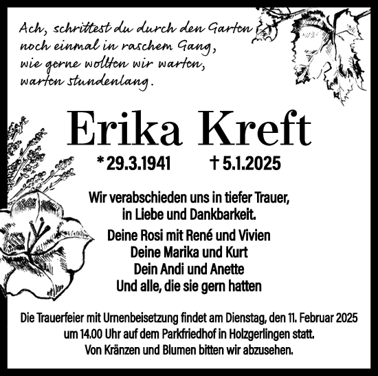 Traueranzeige von Erika Kreft von Kreiszeitung Böblinger Bote
