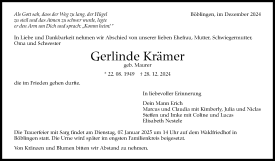 Traueranzeige von Gerlinde Krämer von Kreiszeitung Böblinger Bote