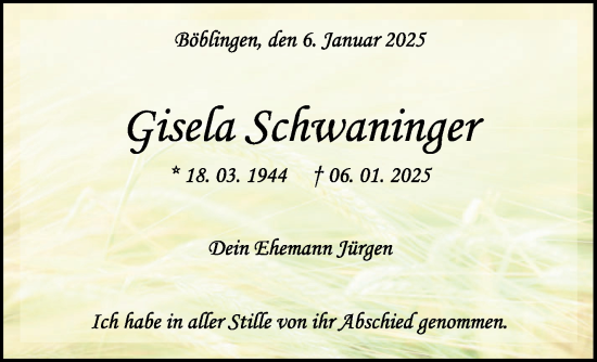Traueranzeige von Gisela Schwaninger von Kreiszeitung Böblinger Bote