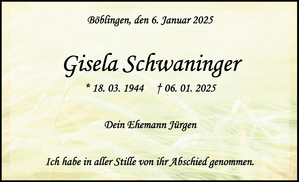  Traueranzeige für Gisela Schwaninger vom 28.01.2025 aus Kreiszeitung Böblinger Bote