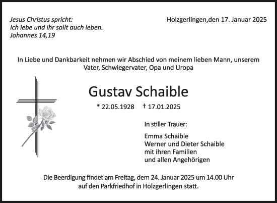 Traueranzeige von Gustav Schaible von Kreiszeitung Böblinger Bote