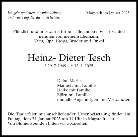 Traueranzeige von Heinz-Dieter Tesch von Kreiszeitung Böblinger Bote