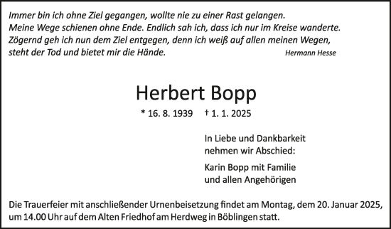 Traueranzeige von Herbert Bopp von Kreiszeitung Böblinger Bote