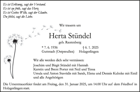 Traueranzeige von Herta Stündel von Kreiszeitung Böblinger Bote